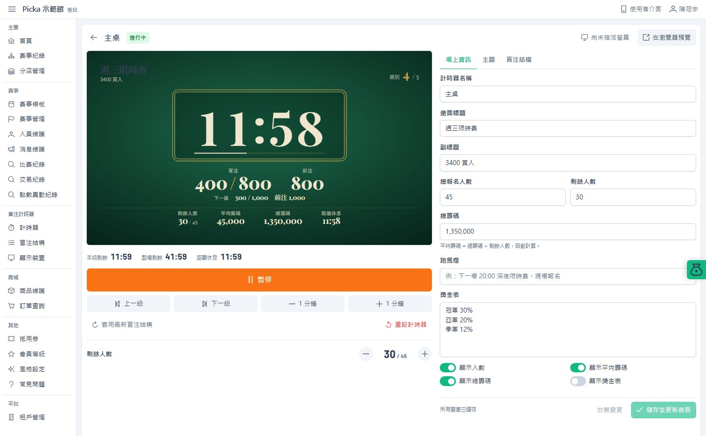 後台計時器控制台：左邊是牆上畫面的即時預覽，顯示 11:52、第 4 級 400/800，下方有暫停、上一級、下一級、加減一分鐘與剩餘人數調整；右邊可以改畫面標題、人數、總籌碼、跑馬燈與獎金表，並切換要顯示哪些欄位。